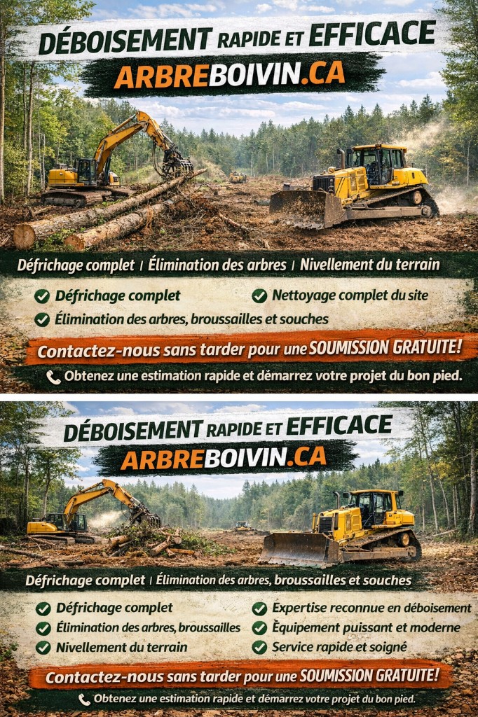 Déboisement rapide et efficace — Arbre Boivin, excavatrice et équipement