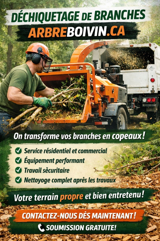 Déchiquetage de branches — Arbre Boivin, camion et déchiqueteuse
